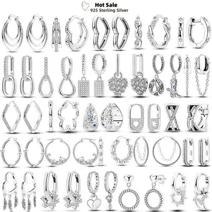 925 Silver Hoops Earrings Original Heart-Shaped Tassels Pendant Sparkling White Pave U Stud Earring For Women's Wedding Jewelry