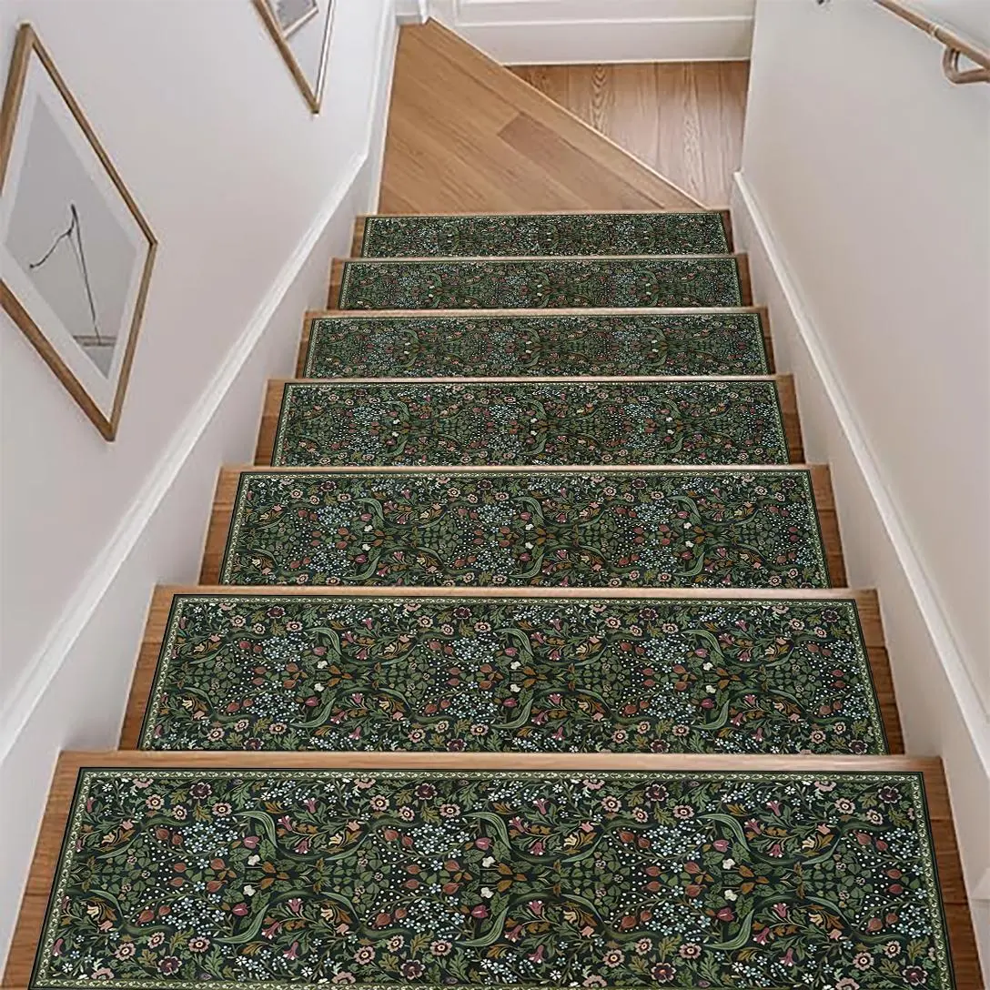 10PC Set American Retro Botanical Floral Stair Mats Home Decor Anti-Slip Stair Treads Stair Runner Floor Mat Machine Washable Rug Non Slip Rugs Indoor Anti-Slip Hallway Carpet Home Decorative Rugs