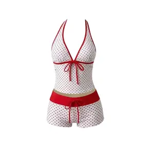 Blaze Polka Dot Halter Neck Two-Piece Multi-Color Swimsuit Set, featuring tie details and shorts, Women's Random Print Spaghetti Strap Bow Tie Camisole Bikini, Spring/Summer Elegant,Sleeve, Womenswear, Bra, Clothes, Day, Elastic, Fabric, Geometric, Lace