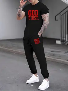 Men's Letter Print Tee & Pocket Sweatpants Set, Regular Fit Round Neck Short Sleeve T-shirt & Drawstring Waist Trousers, Casual Fashion Cozy Breathable Men Two-piece Outfits for All Seasons