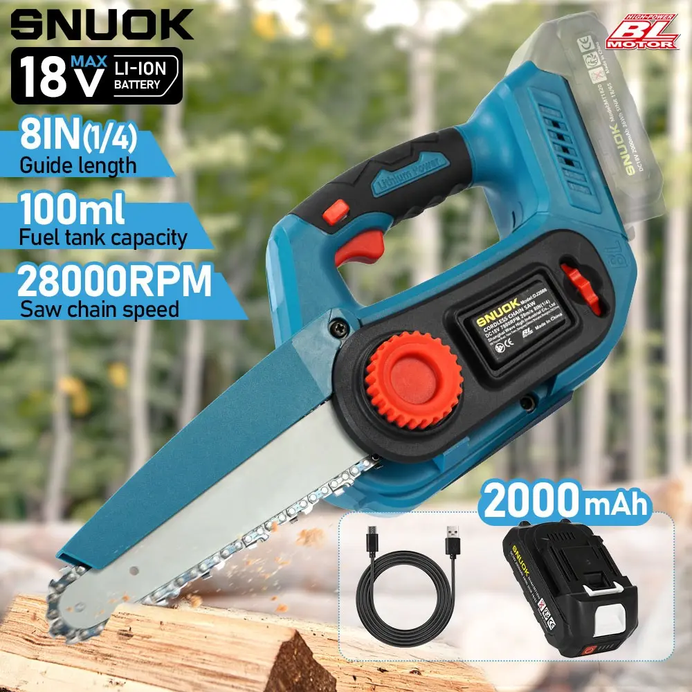 Snuok 18v Brushless 8 Inch Chainsaw, 2000-3000mah Type C Battery Pack, 28000 Rpm High Chain Speed, Ideal for Tree Trimming, Wood Cutting, Outdoor Work