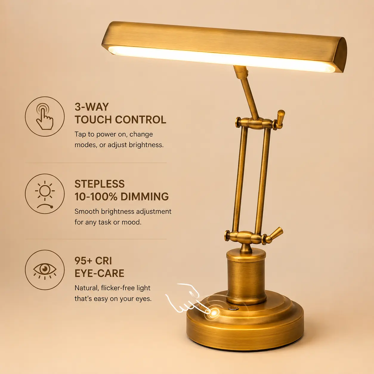 Vintage Gold Brass Piano Lamp with 3-Way Touch Control, 95+ CRI Eye-Care LED Light, Stepless Dimming, Foldable Adjustable Golden Touch Desk Lamp for Grand/Upright Pianos, Reading, Adjustable Desk Lamps, Golden Desk Lamps