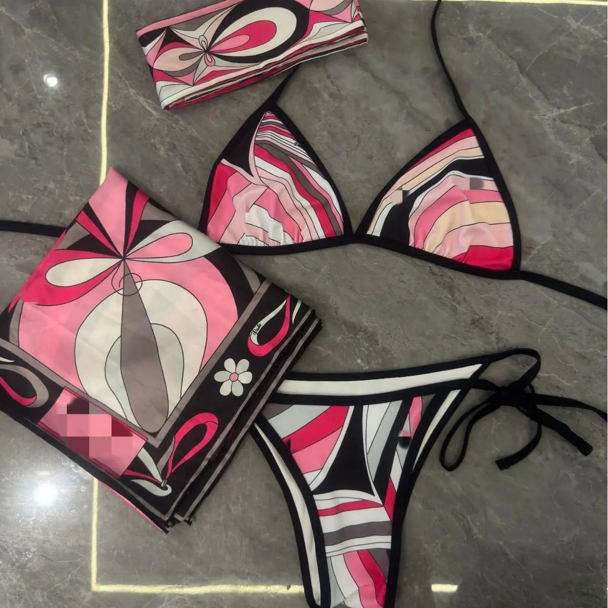 Women's Luxury Floral Print Silk 3-Piece Bikini Set (S-XL) - Adjustable Strap, Silky Smooth, Includes Scarf & YF2541-Bikini Headband, Bohemian Chic for Relaxed Beach Looks, Tie Back Swimwear