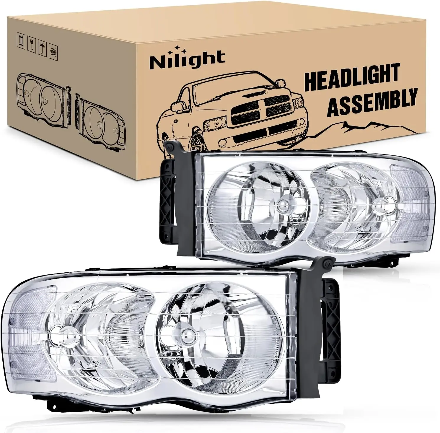 Nilight 2002 2003 2004 2005 Ram 1500 2500 3500 Headlight Assembly Chrome Housing Clear Corner Clear Lens Headlamp Replacement Driver and Passenger Side 2 Pack, Anti-Fogging, Chrome Look