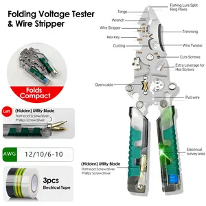 ​​16 in 1 Professional Multi - Function Pliers with Flathead & Phillips Screwdrivers, Wire Stripper, Crimper, Hex Key Wrench, Bolt Cutter, Voltage Tester, Cable Cutter, Wire Spooler, Puncture Knife, Precision Wire Cutter, Hex Socket, Insulated Grip