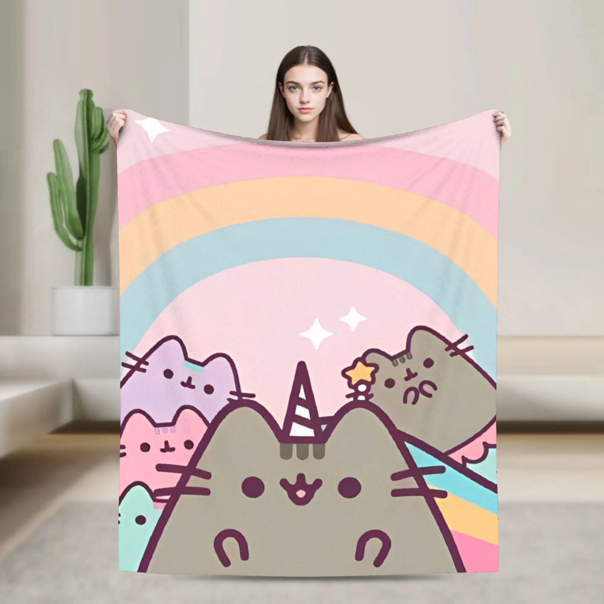 Official Pusheen Flannel Blanket - Classic Cartoon Cat Design, Soft Plush, Large Size Throw, Breathable, Wrinkle-Resistant, Stain-Resistant, All-Seasons Home Decor, Machine Washable, Durable (Multi-Use as Rug or Blanket)