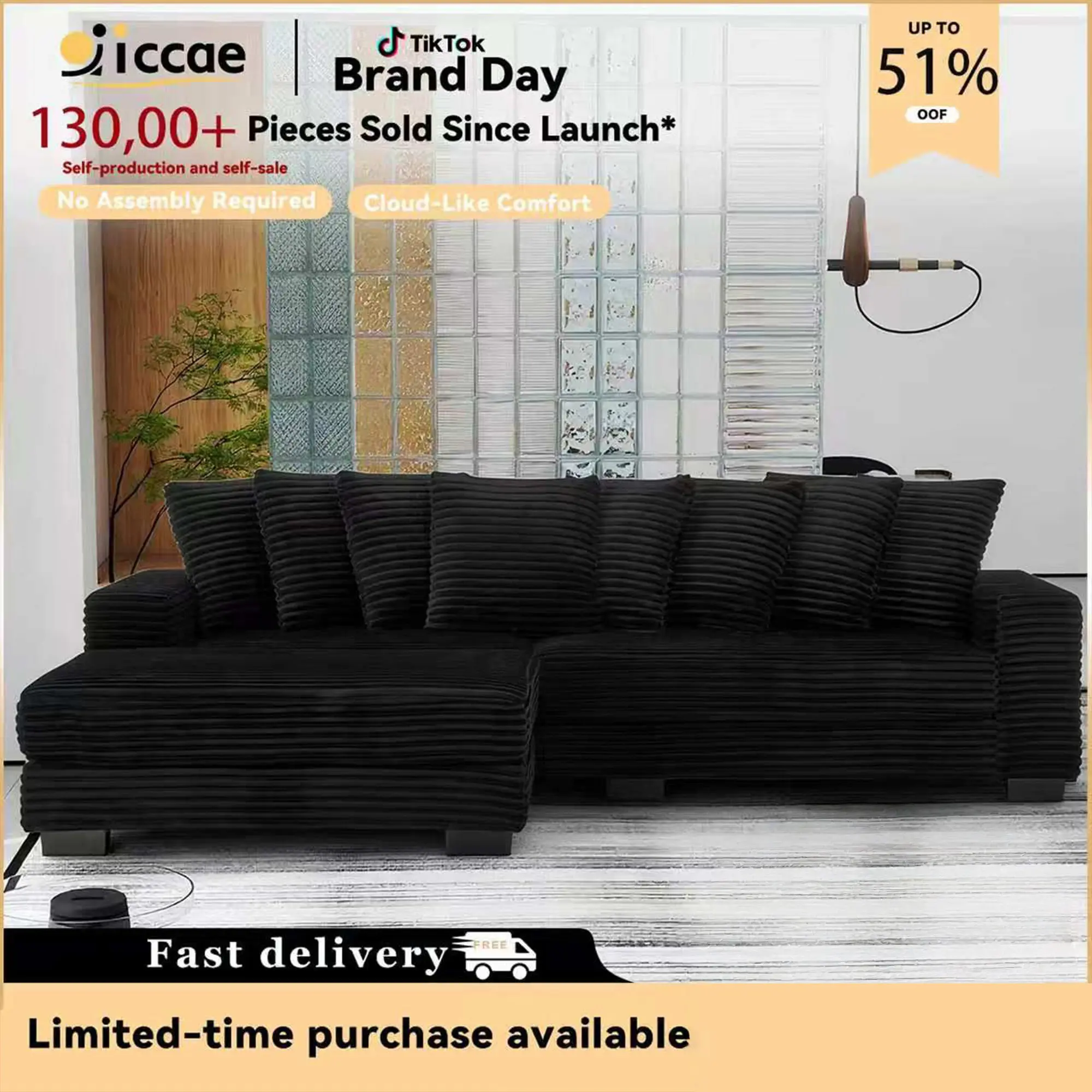 [3 Packages Shipping] 111.63'' Oversized L-Shaped Corduroy Sofa (L/R Chaise + 8 Pillows + Adjustable Ottoman) – Easy Assembly, Cloud-Like Living Room Comfort