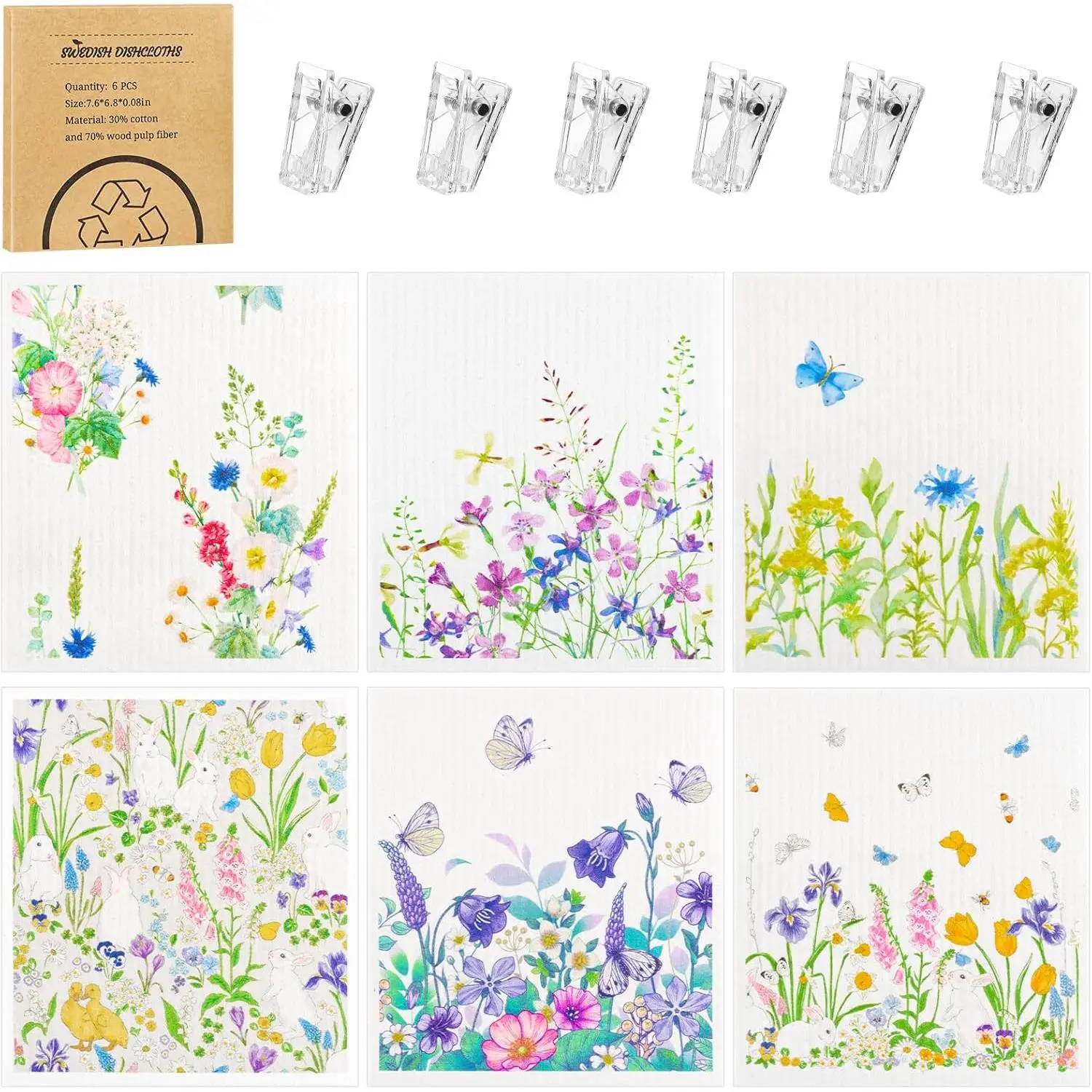 6-Pack Floral Pattern Swedish Dishcloths Set, Durable Washable Absorbent Cellulose Sponge Cloths with Clips for Kitchen Cleaning, No Odor Rags for Glass & Wall Surfaces