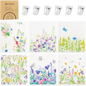 6 Pack Swedish Dishcloths for Kitchen,Swedish Rags Dish Towels with Clips,  Paper Towels Washable Absorbent Cellulose Sponge Cloths No Odor for Cleaning  Kitchen(Floral)