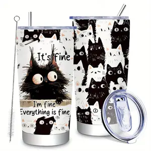 Black 20oz "It's Fine, I'm Fine, Everything is Fine" Black Cat Travel Coffee Mug - Humorous Stainless Steel Tumbler with Lid and Straw, BPA-Free, Hand Wash Only, Ideal Gift for Cat Lovers