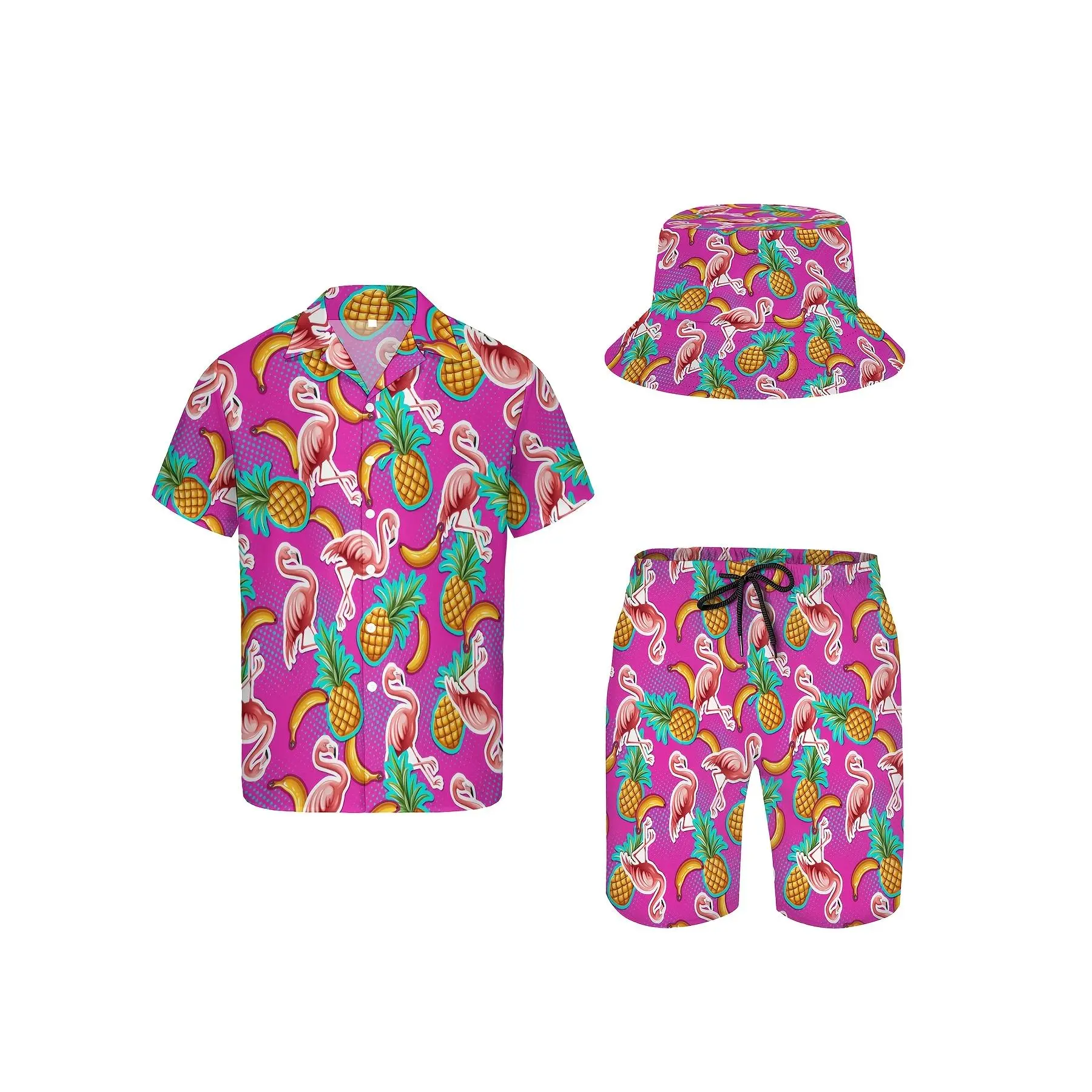 Men's 3-Piece Casual Tropical Hawaiian Clothing Set - Soft Breathable Polyester Menswear, Flamingo & Banana Print, Short-Sleeve Collared Shirt, Shorts, Bucket Hat, Resort Wear Resort Wear Set Magenta