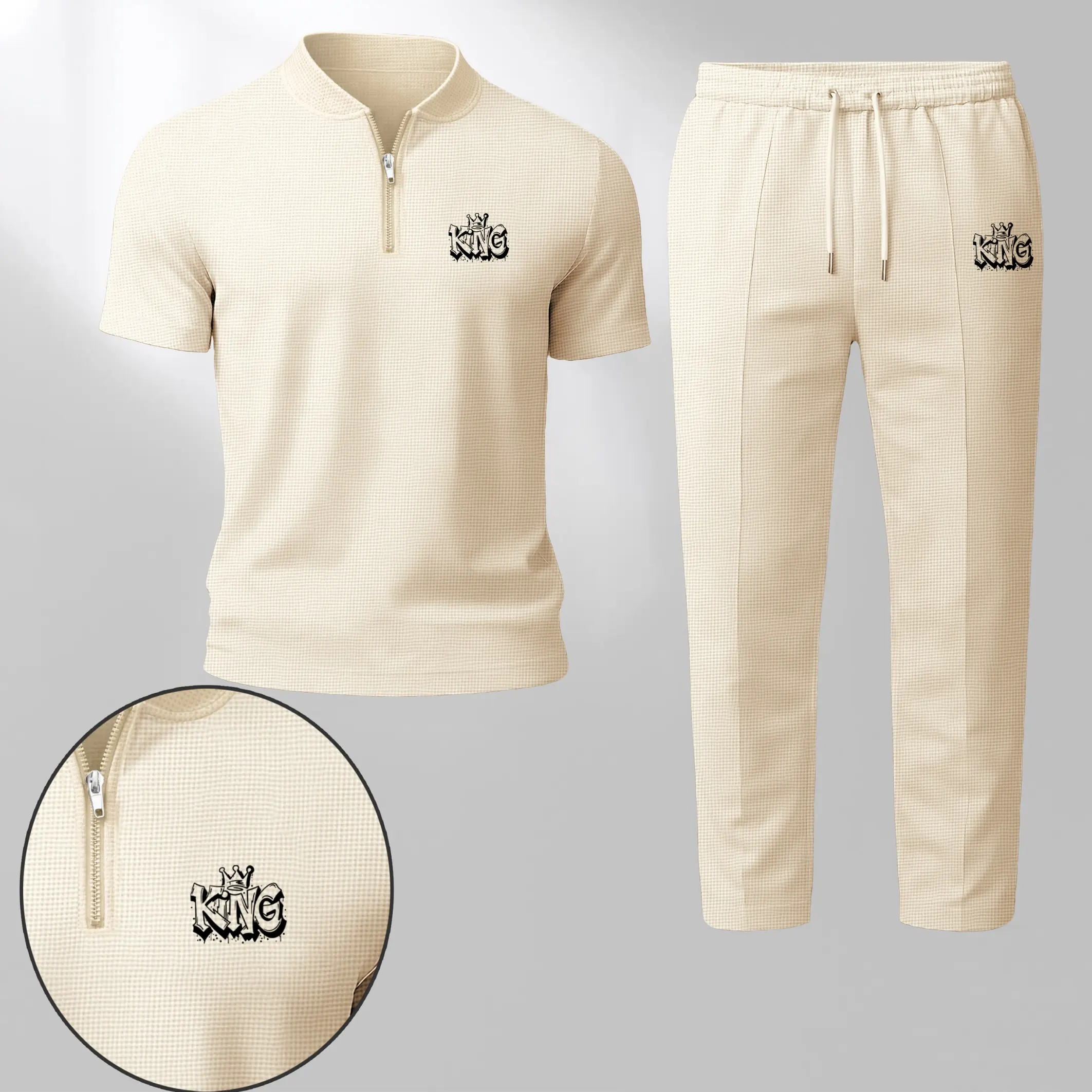 Men's 2-Piece Garment Set, Lightweight Waffle Knit Short-Sleeve Zip Henley & Loose Pants with KING Graphic, Sporty Chic Outfit Inspiration for OOTD Ideas, Menswear, Shortsleeve, Casual, Top, Minimalist, Breathable
