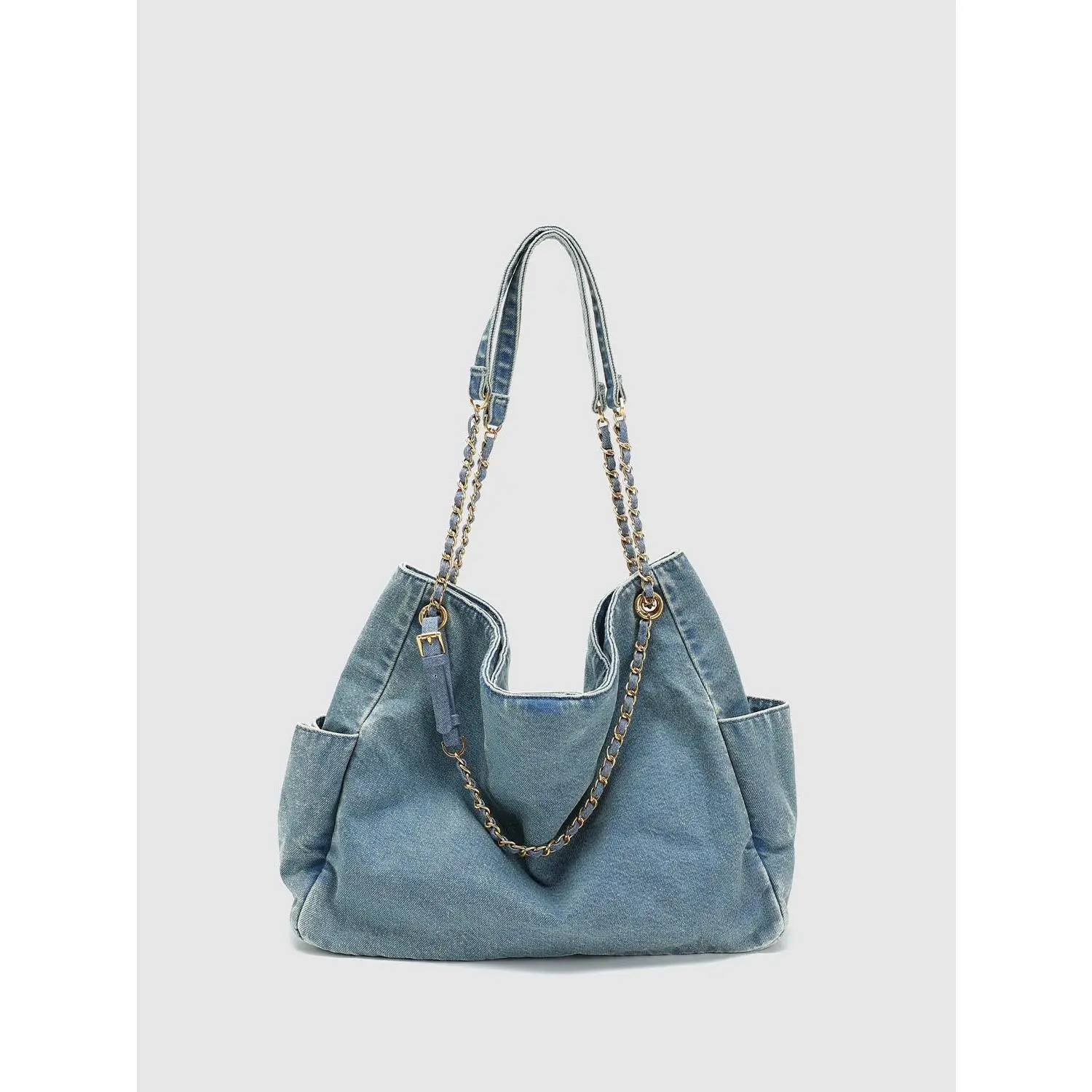 URBAN REVIVO Women's Elegant Oversize Denim Shoulder Bag, Casual Crossbody Purse with Chain Detail, Casual Shoulder Purse, Crossbody With Chain, Denim Crossbody Bags
