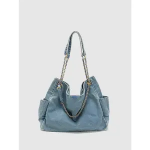 URBAN REVIVO 2026 Elegant Oversize Denim Shoulder Bag - Women's Bag with Chain Detail, Crossbody Carry Option