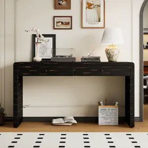 TREXM Curved Console Table with Storage, Wooden Entryway Table with 2 Drawers, Farmhouse Rustic Console Tables for Entryway, Hallway, Living Room, Distressed Black