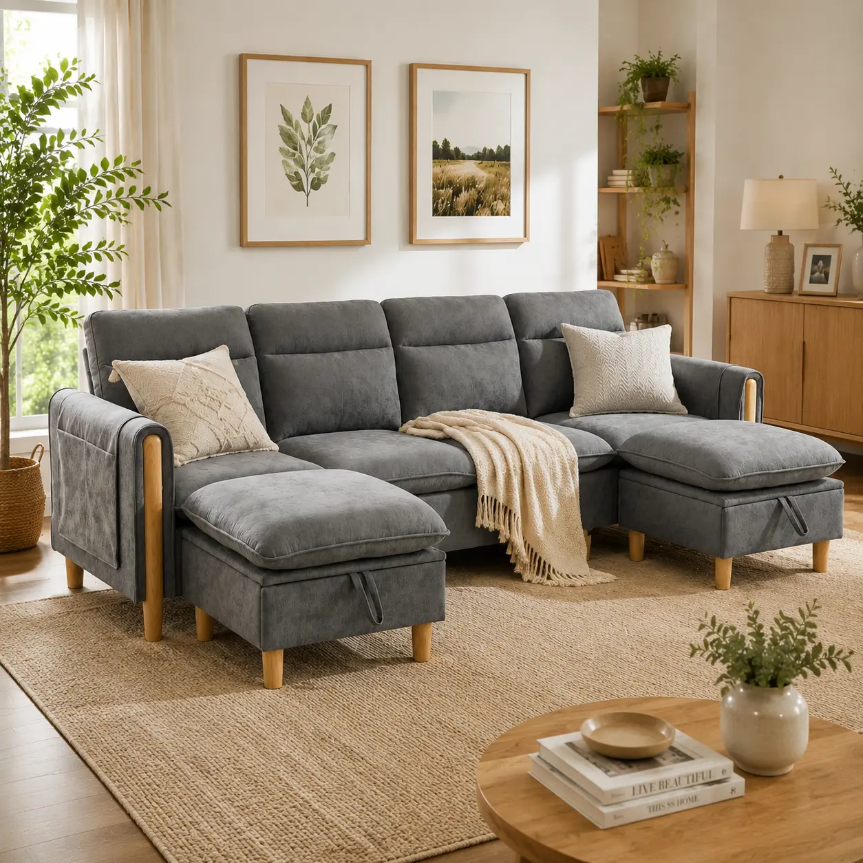 102.8" Sectional Sofa, 4-Seat Convertible Fabric Couch with Storage Ottoman & Side Pocket, Chaise Lounge Sofa and Solid Wood Legs for Living Room,  Apartment