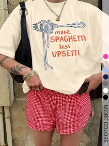 Women's More Spaghetti Letter Print Round Neck Tee, Womenswear Vintage Trendy Casual Fit Short Sleeve Basic T-shirt for Everyday Wear, Ladies Summer, Top