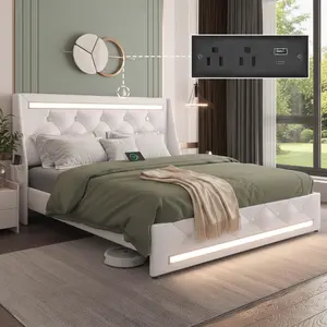 Queen size Bed Frame with LED Lights, Upholstered Queen Bed Frame with Charging Station, Queen Platform Bed with Diamond Headboard, Wooden Slats, Easy Assembly, No Box Spring Needed, Noise Free, White