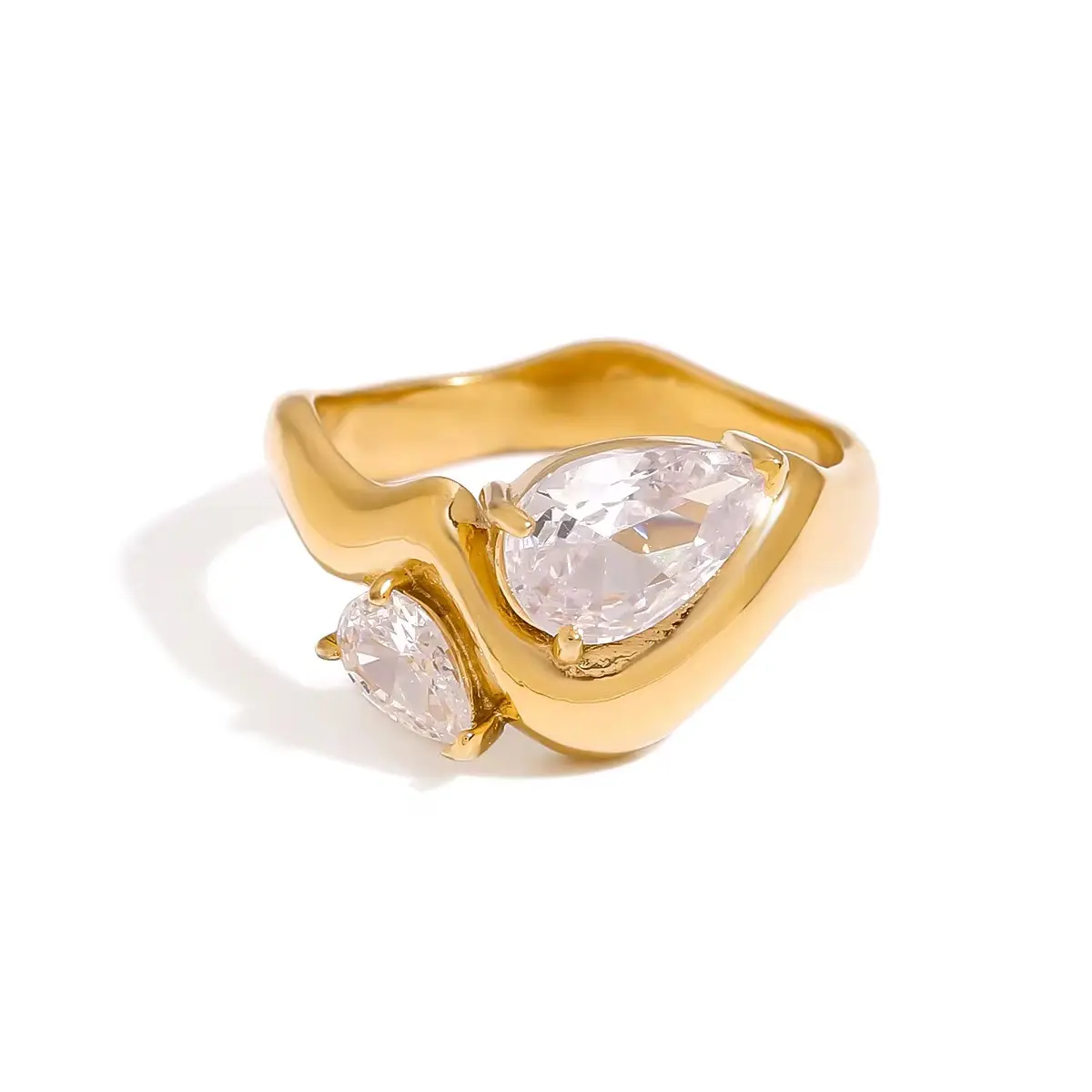 18K Gold Plated Stainless Steel Water Drop Shaped Zircon Wave Ring - Trendy Ring for Women