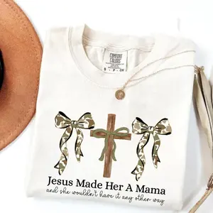 Comfort Colors Camo Coquette Christian Mama T-shirt, Jesus Made Her A Mama T-shirt, Duck Camo Pattern Shirt, Christian Hunting Camo Mama Shirt