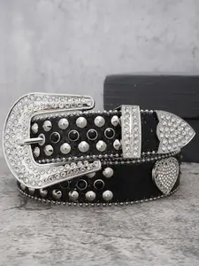 1pc Unisex Y2K Western Cowboy PU Belt, Rhinestone Decorated Belt, Rhinestone Decor, Water Drill Silver Color Studs, Party Fashion Accessory