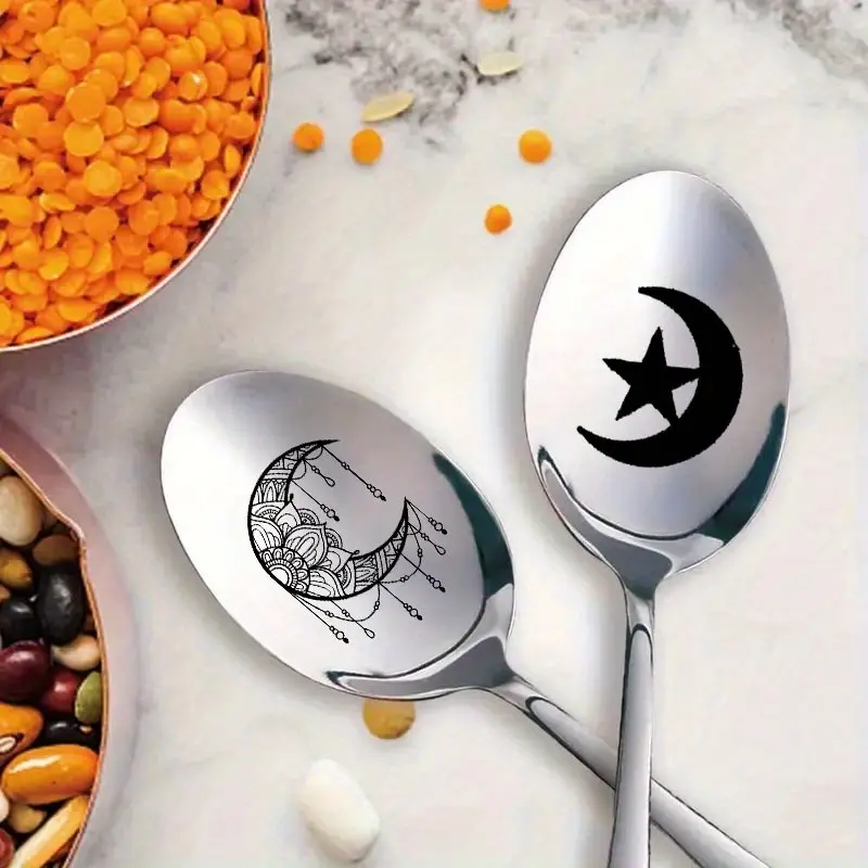 Stainless Steel Spoon, Moon & Star Pattern Design, Ideal Holiday Gift for Eid, Ramadan Tableware Accessory, Durable Kitchen Utensil