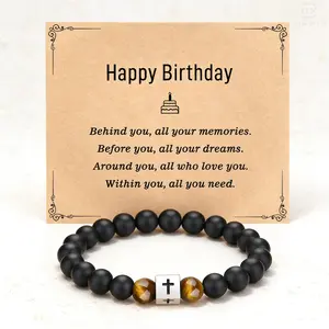Happy Birthday Cross Bracelet for Son from Mom Dad - Protection Tiger Eye & Black Onyx Beaded Personalized Bracelet with Inspirational Gift Card