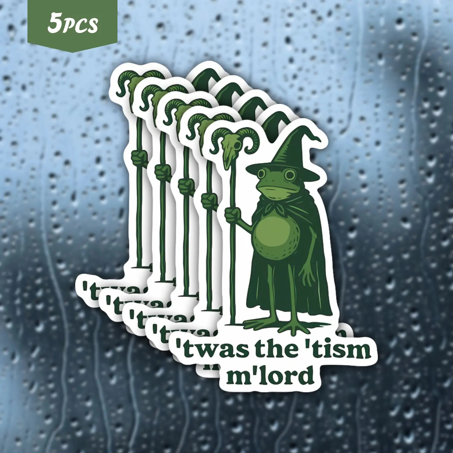 5Pcs "'Twas The 'Tism M'Lord" Frog Wizard Waterproof Vinyl Sticker, Sticker Set, Self Adhesive Stickers, Fun Stickers, Neurodivergent Decal, Suitable For Water Bottles, Laptops, Ideal For Frog Lovers, Neurodivergent Community Fans