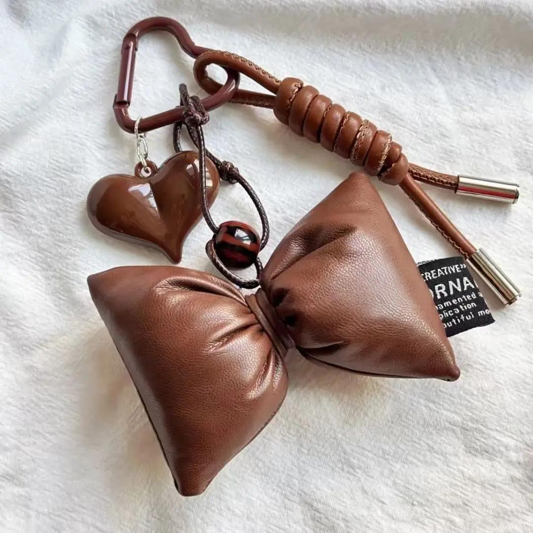 LOVEVOOK Brown Miu Series Bag Charm Textured Leather Stylish High End Handmade Autumn Winter Brown Bag Pendant with Bow and Heart Accents