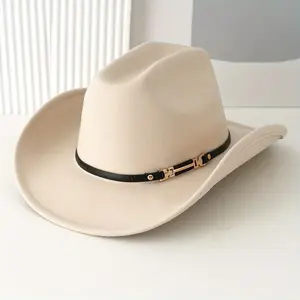 Solid color cowboy hat with unique faux leather belt-lightweight, wide brim fedora for Western events, parties, cosplay & more