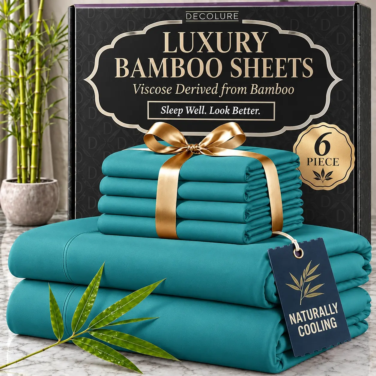 Jollyvogue Extra Deep Pocket Bamboo Sheets - 6 Pcs Breathable & Cooling Bed Sheet Set, Breathable & Moisture Wicking, Hotel Luxury Fitted Soft Wrinkle-Free For Mattresses, Room Decor, Twin/Full/Queen/King Size Pillowcase Sets, Bedsheet Sets, Breathable So