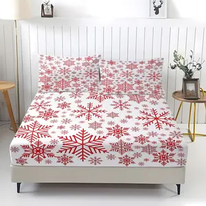 3Pcs Festive Red Snowflake Fitted Sheet Set, Intricate Winter Design on Crisp White Background, Perfect Holiday Bedding for a Cozy and Cheerful Bedroom, Durable and Comfortable Fabric, Ideal for Seasonal Decor, Decorative Bedsheet Sets, No Pillow Core