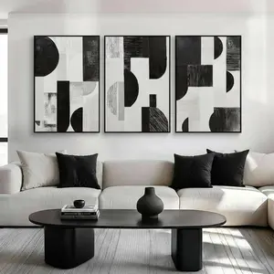Abstract Black White and Grey Wall Art Framed Geometry Canvas Print Modern Contemporary Edgy Block Artwork for Living Room, Bedroom, Office Decor - Set of 3,  (Ready to Hang)