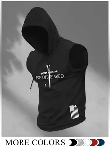 Men's American Religious Casual Style Sleeveless Hoodie Vest, Redeemed Cross Print, Streetwear, Faith Symbol, Muscle Training Fitness, Fall Fashion