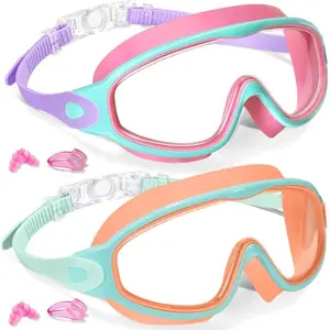 Kids Swim Goggles 2 Pack for Ages 3–15 – Anti-Fog UV Protection Waterproof Goggles with Soft Silicone Seal, Adjustable Strap, Nose Clip & Earplugs for Boys Girls Swimming