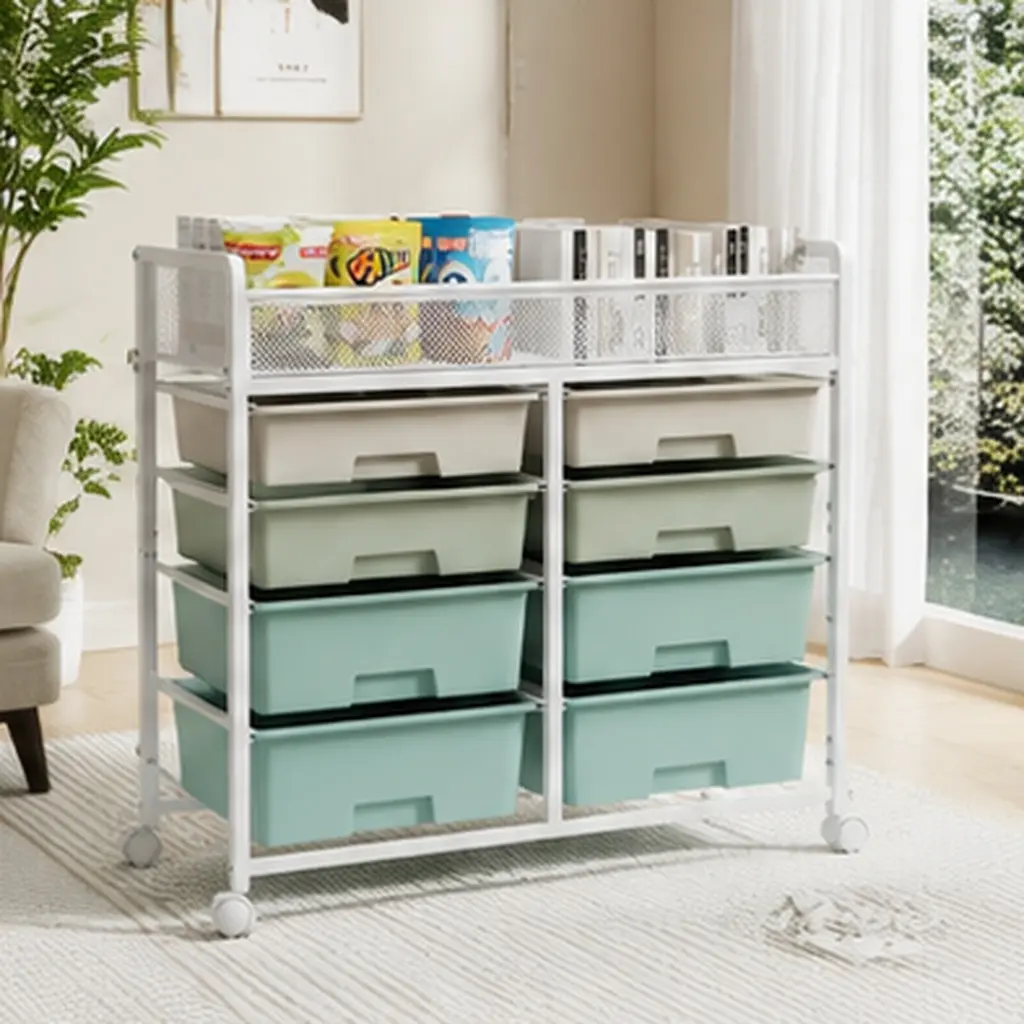 White Large Capacity 2-Row 10-Drawer Rolling Storage Cart, Metal Mesh Top Utility Organizer with Wheels, Multi-Layer Plastic Drawers for Kitchen, Bathroom, Bedroom, Office, Laundry Room, Craft Room, Garage Organization and Storage