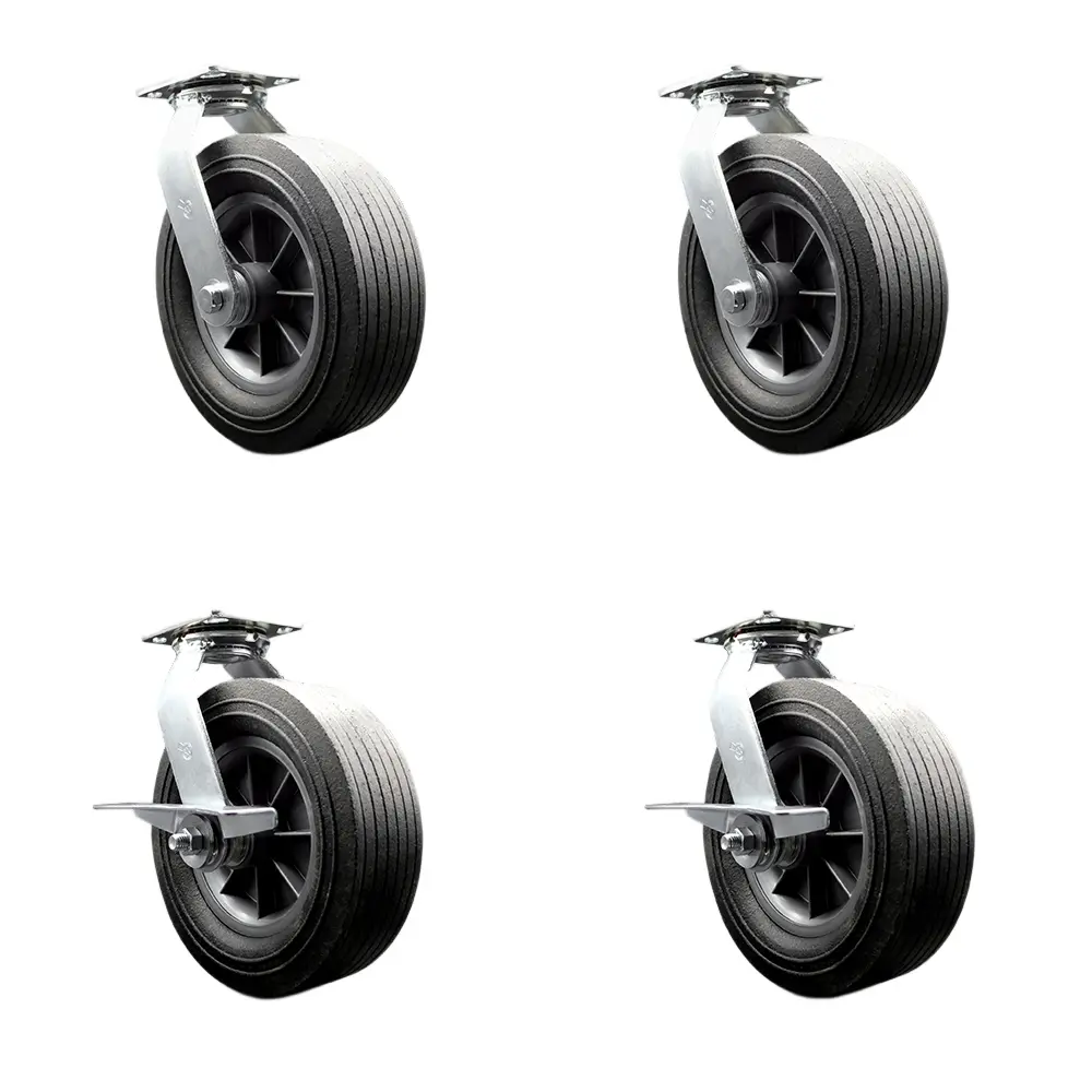Service Caster Series No.100 Industrial Grade BBQ Smoker Grill Caster Wheel Set - 10 in., 4 Swivel with Side Lock Brakes, Flat Free All Terrain Solid Rubber, Easy Roll, Maintenance Free, 4 Wheels, Bbq Enthusiasts, Grill Mobility