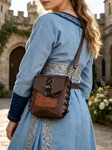 Medieval Brown Faux Leather Waist Bag, Belt Bag, Waist Packs - Vintage Style Portable Pouch with Decorative Border, Removable Shoulder Strap And Secure Buckle Closure, Ideal for Outdoor Adventures, Men'S/Women'S Dressing Prop, Versatile Bag