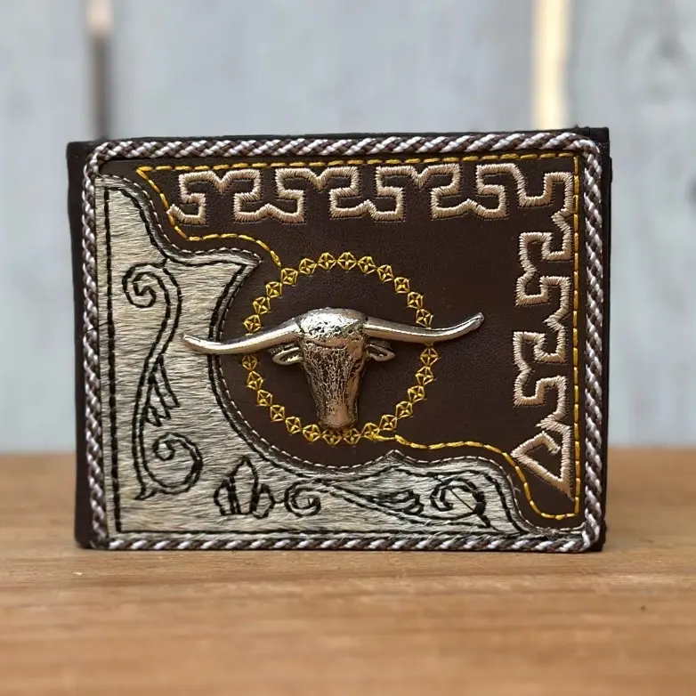Brown Leather Western Wallet with Bull Emblem, Genuine Cowhide, and Greek Key Embroidery