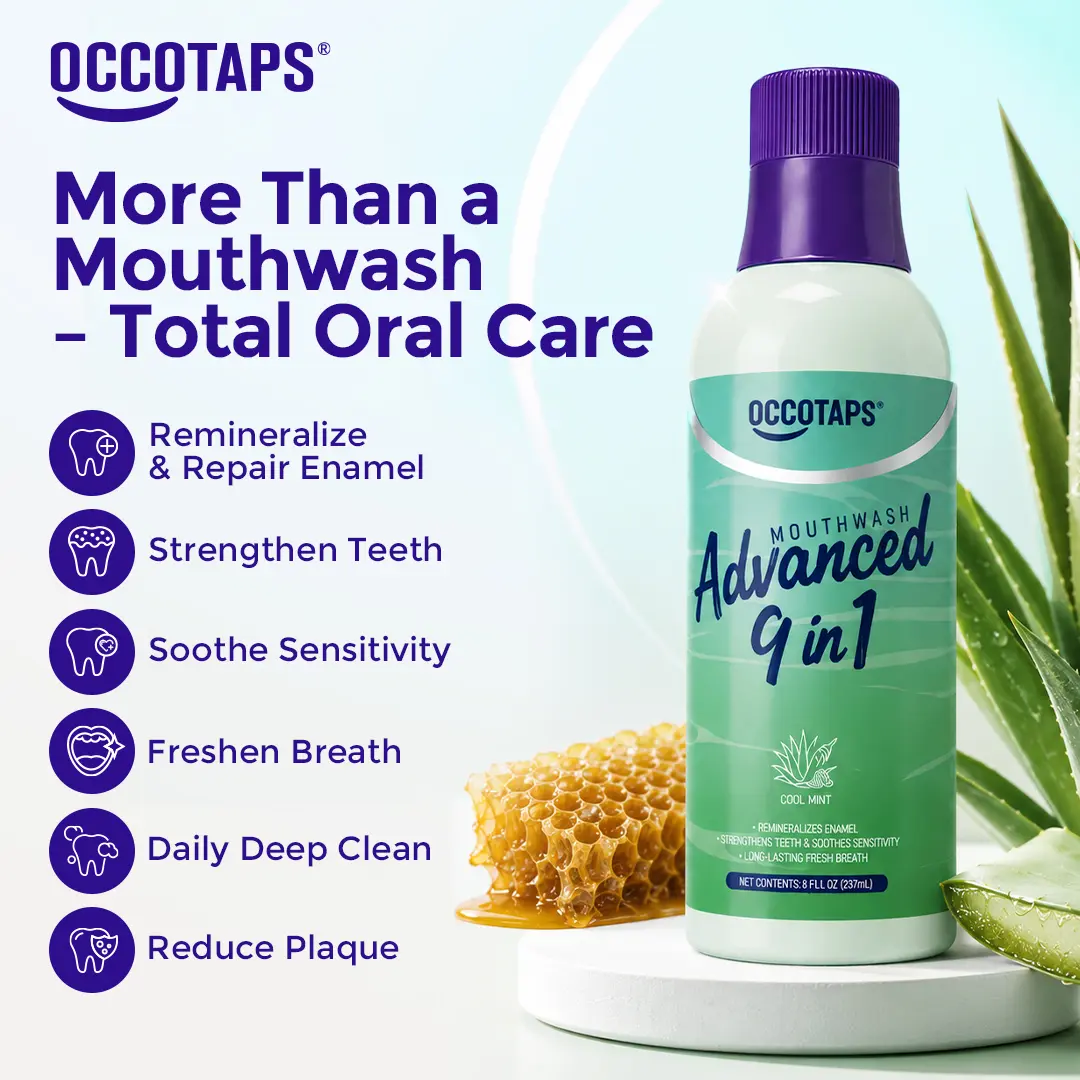 Occotaps Stain Whitening Mouthwash for Teeth Whitening + Fresh Breath with Essential Oils 237ml | Nano-Hydroxyapatite, Agave, Clove & Propolis Extract | Alcohol-Free, Fluoride-Free, Natural Organic Mouth Rinse
