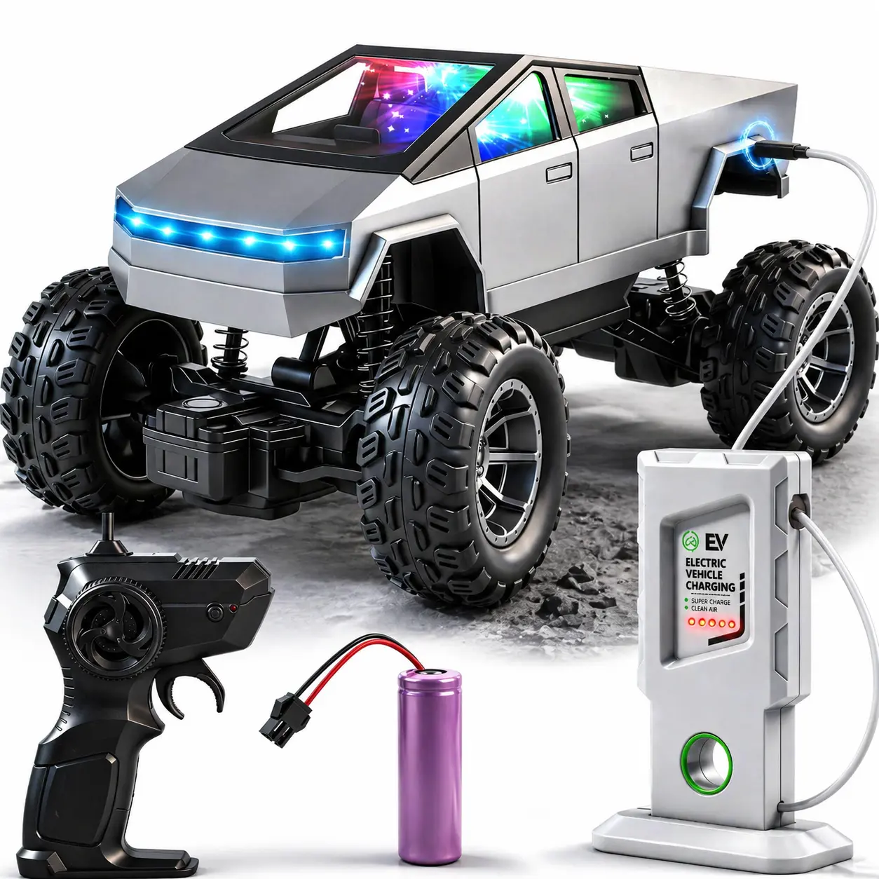 Remote Control Cyber Truck Toys for Kids, 2.4GHz RC Off Road Monster Truck Toy with All Terrain Tires, Cool Light Effects, Type-C Charging Station & Remote Controller for Boys Girls