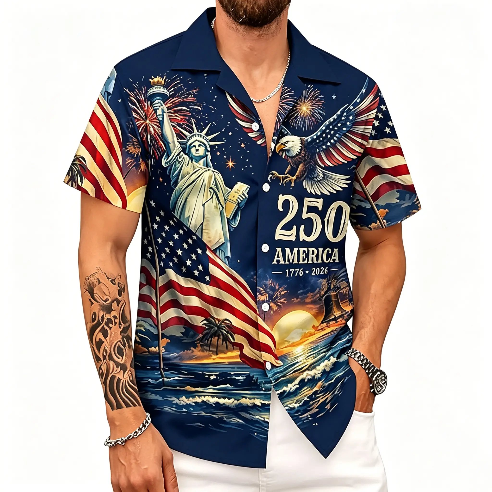Men's America 250th Anniversary Hawaiian Shirt, 1776-2026 Patriotic Button Down with Statue of Liberty, Bald Eagle and USA Flag 3D Print, Quick Dry Short Sleeve Beach Shirt for BBQ, Parade, Cruise, Vacation and Party 2XS-6XL