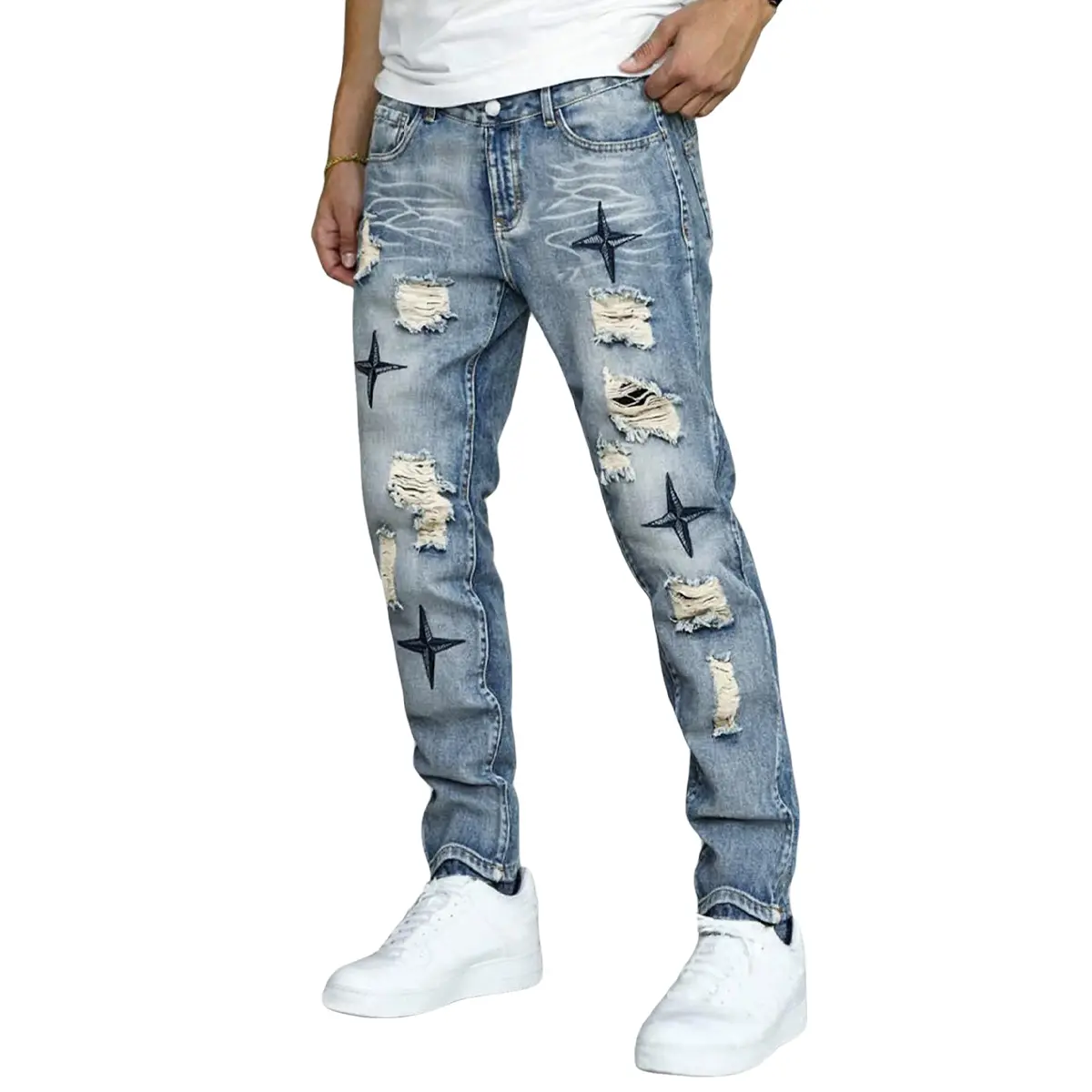 Menswear Men's Stylish Casual Mid-Waist Straight Fit Distressed Denim Jeans with Star Embroidery, Pockets, Premium Fabric (Ideal for Thanksgiving), Trouser, Streetwear, Chic, Valentines Day
