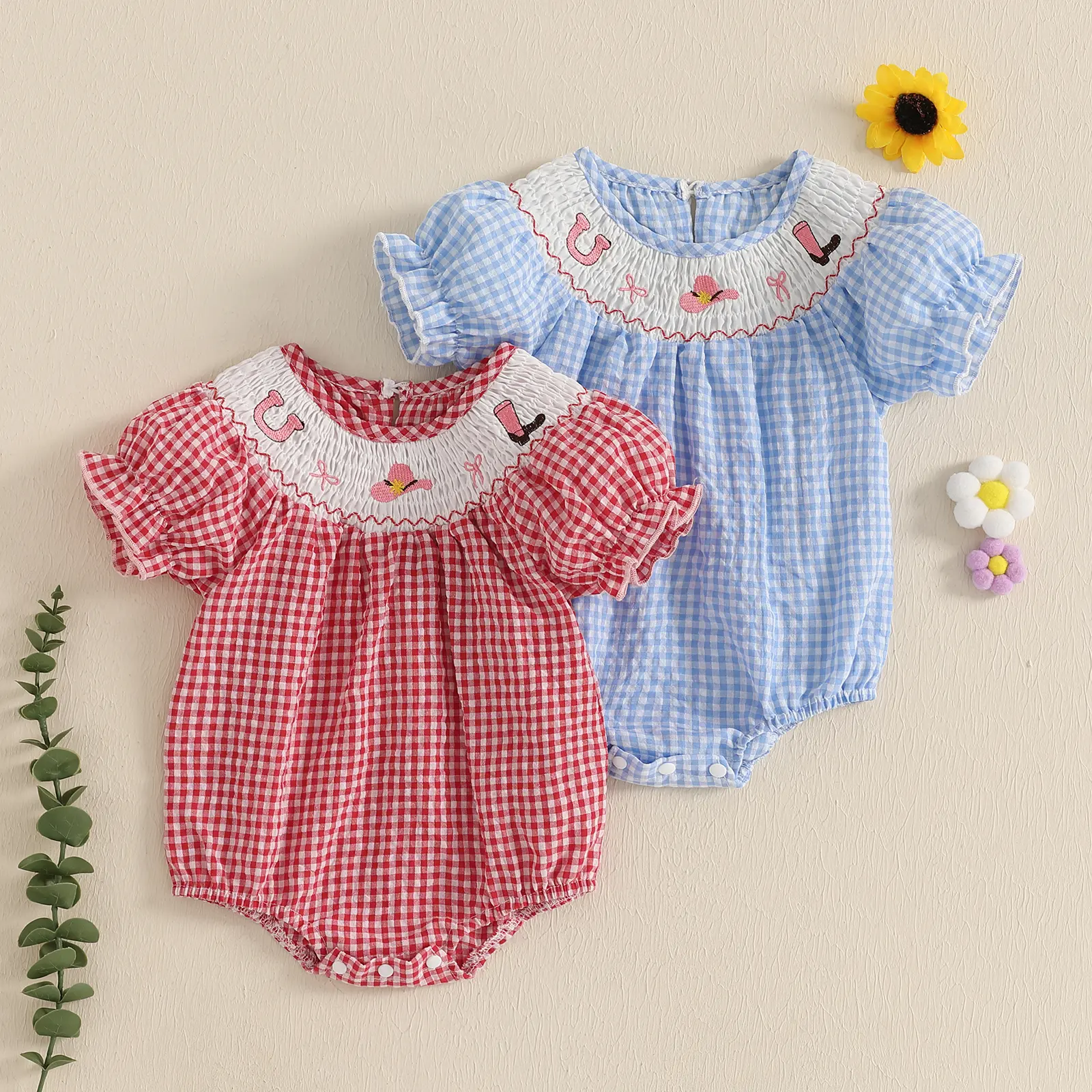 Baby Girl Smocked Western Romper Short Sleeve Bubble Rompers Summer Clothes Plaid Print Embroidery Bow Bodysuit Tops
