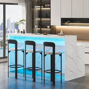 71" Large Faux Marble Dining Table with RGB LED Lights, Modern Rectangle Kitchen Island Table with Charging Station, 2-Tier Home Bar Unit for 6 People, White