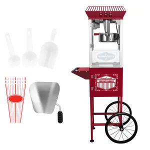 Red Vintage 12oz Popcorn Machine with Rolling Cart, 800W Stainless Steel Kettle, Tempered Safety Glass, Warming Deck, Kernel Tray – Professional Popcorn Popper for Home Theater, Parties