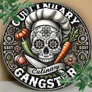 Vintage Round Aluminum Tin Kitchen Wall Decor 8x8 Inch Retro Diner Culinary Gangster Skull Chef Metal Sign for Cafe Home Bar Art