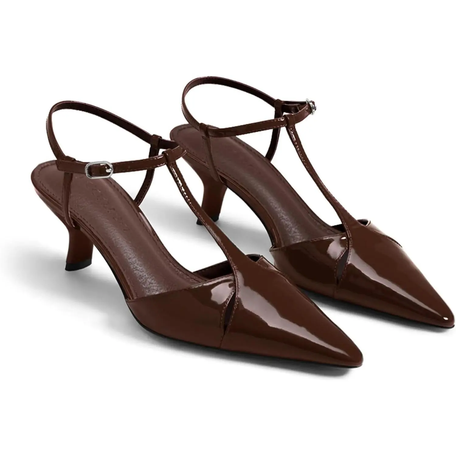 Coutgo Women's Pointed Toe Cutout T-Strap Leather Pumps - Low Kitten Heels, Adjustable Buckle, Breathable, Slip-Resistant, Fashionable Party Shoes, Party Wear, Pointed Toe Glam, Wedding-Ready Style with Poise, Lightweight Lift, All-Season Sandals