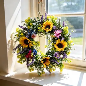 Spring Summer Artificial Flower Wreath, Lavender Sunflower Rose Wreath, Decorative Flowers, Artificial Flower Arrangements, Easter Mother's Day Party Decor, Outdoor Garden Home Room Door Window Decoration