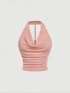 Summer Sexy Backless Metal Chain Buckle Halter Top, Fashionable Off-Shoulder Blouse, Trendy Women's Casual Wear